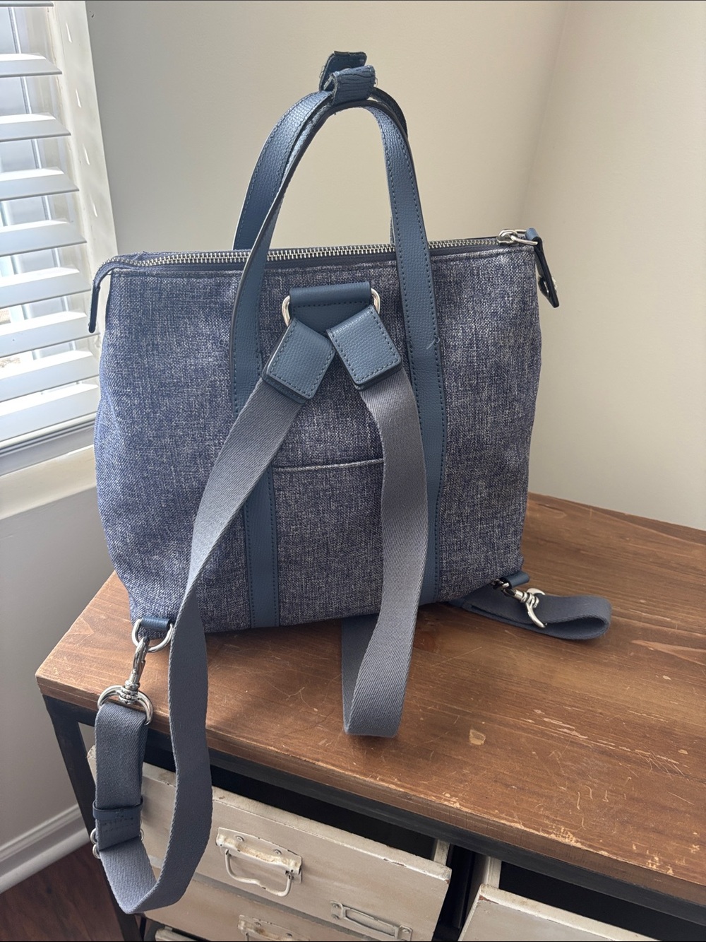 henri bendel denim blue Jetsetter backpack/crossbody- Small - Picture 2 of 8